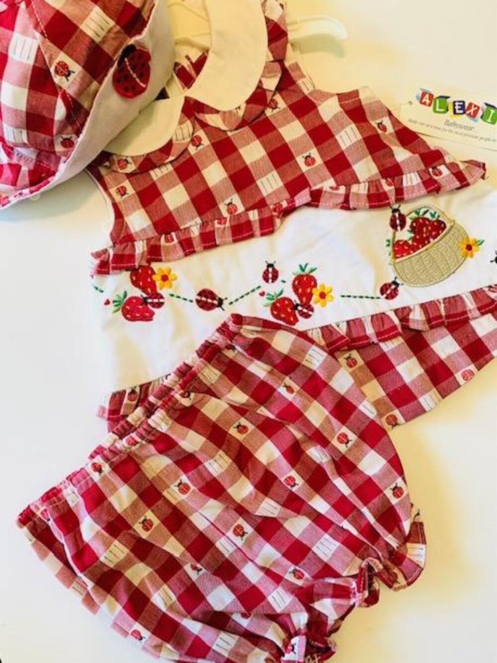 Vtg Alexis NWT 3 Pc Red Gingham Strawberry Ladybug Hat Dress Set 3/6M 🐞